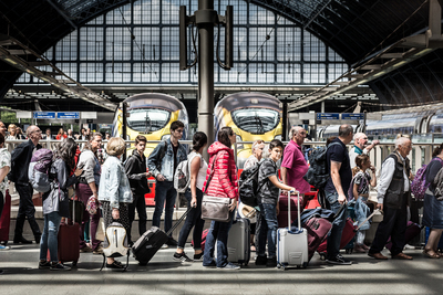 Travellers, St Pancras Station, London. July 2019